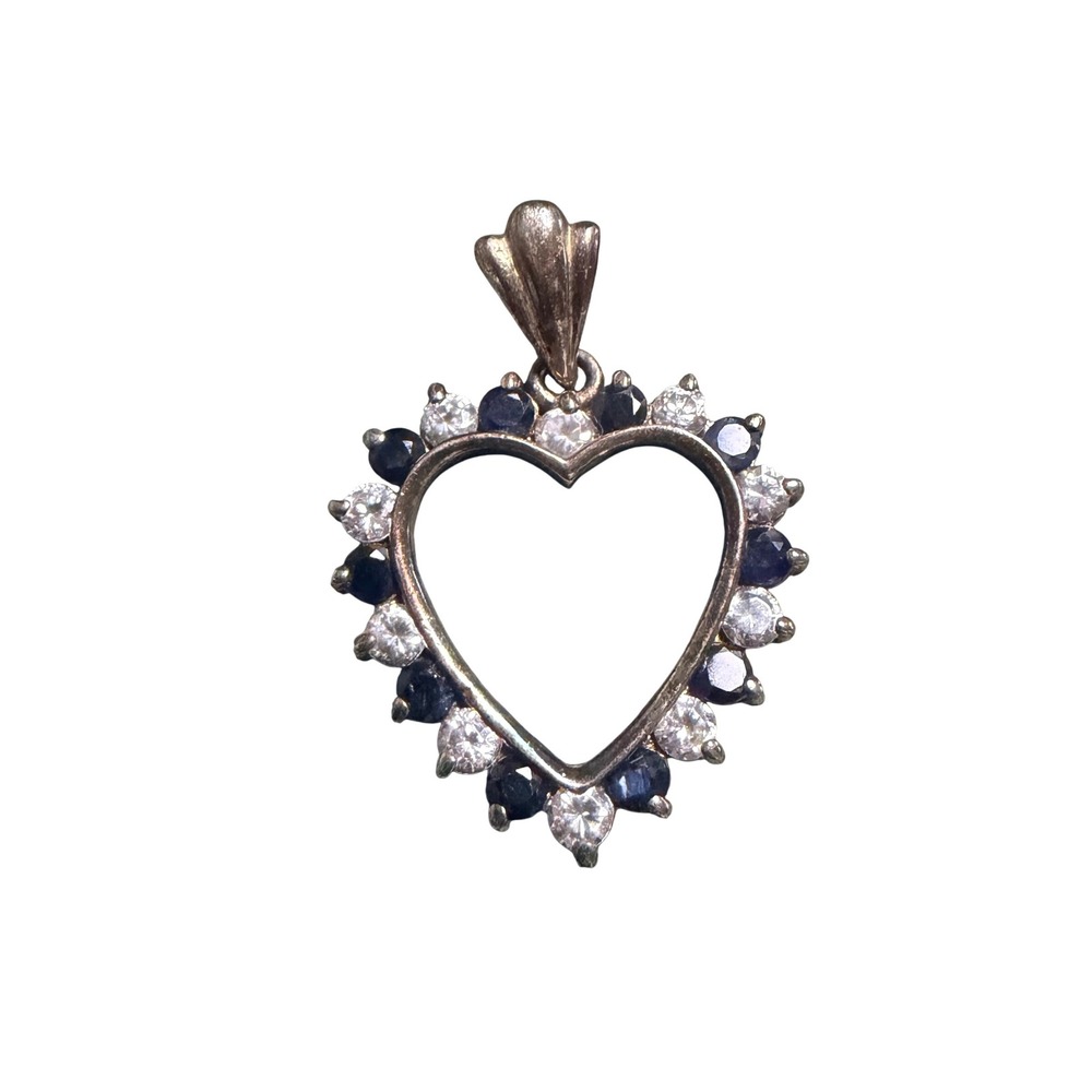 925 Sterling Silver Blue Sapphire White Topaz Open Heart Pendant Necklace Charm